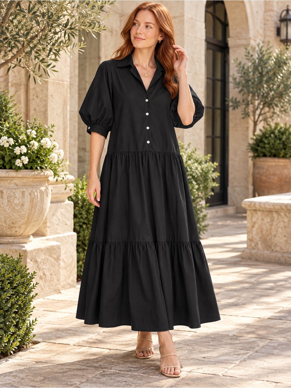 Fifteen Twenty Black Tiered Maxi Shirt Dress Cotton Puff Sleeve S NWOT